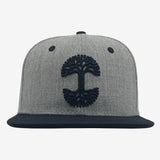 Grey cap with black embroidered Oaklandish tree logo on crown and black contrasting visor.