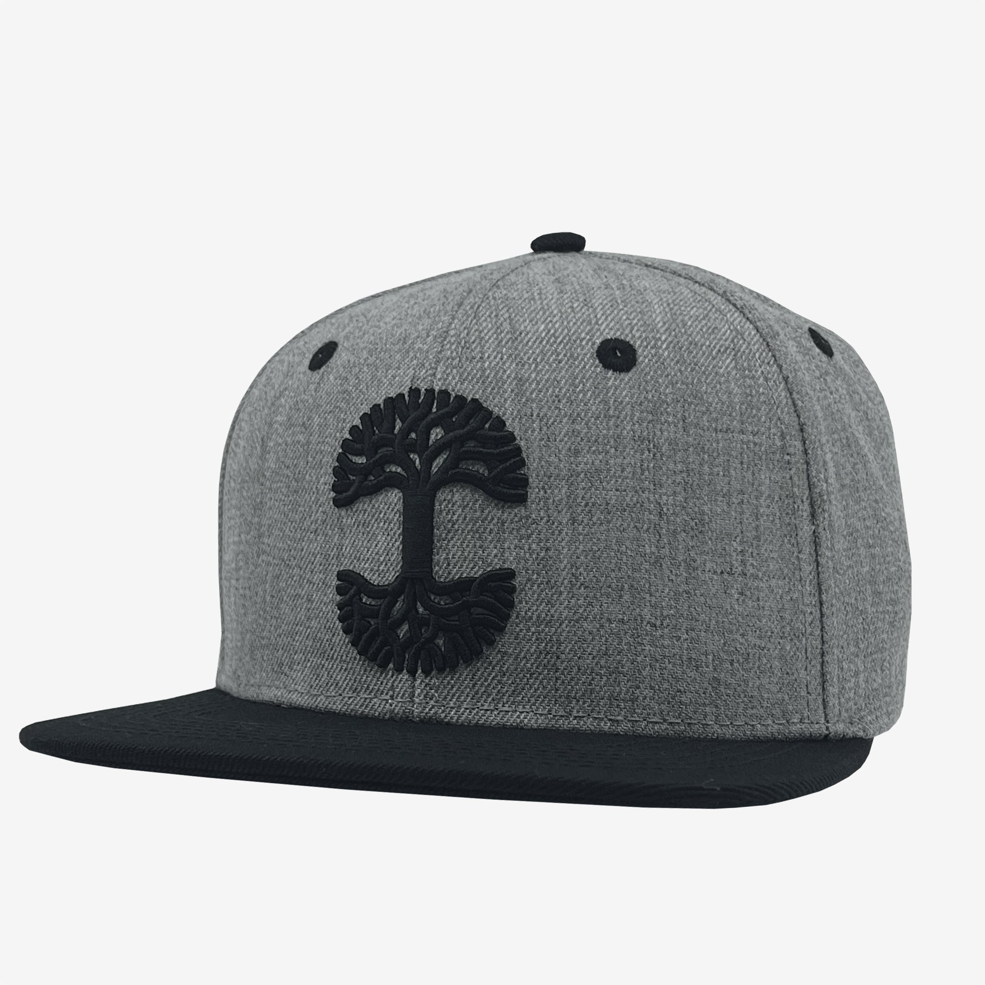 Grey cap with black embroidered Oaklandish tree logo on crown and black contrasting visor.