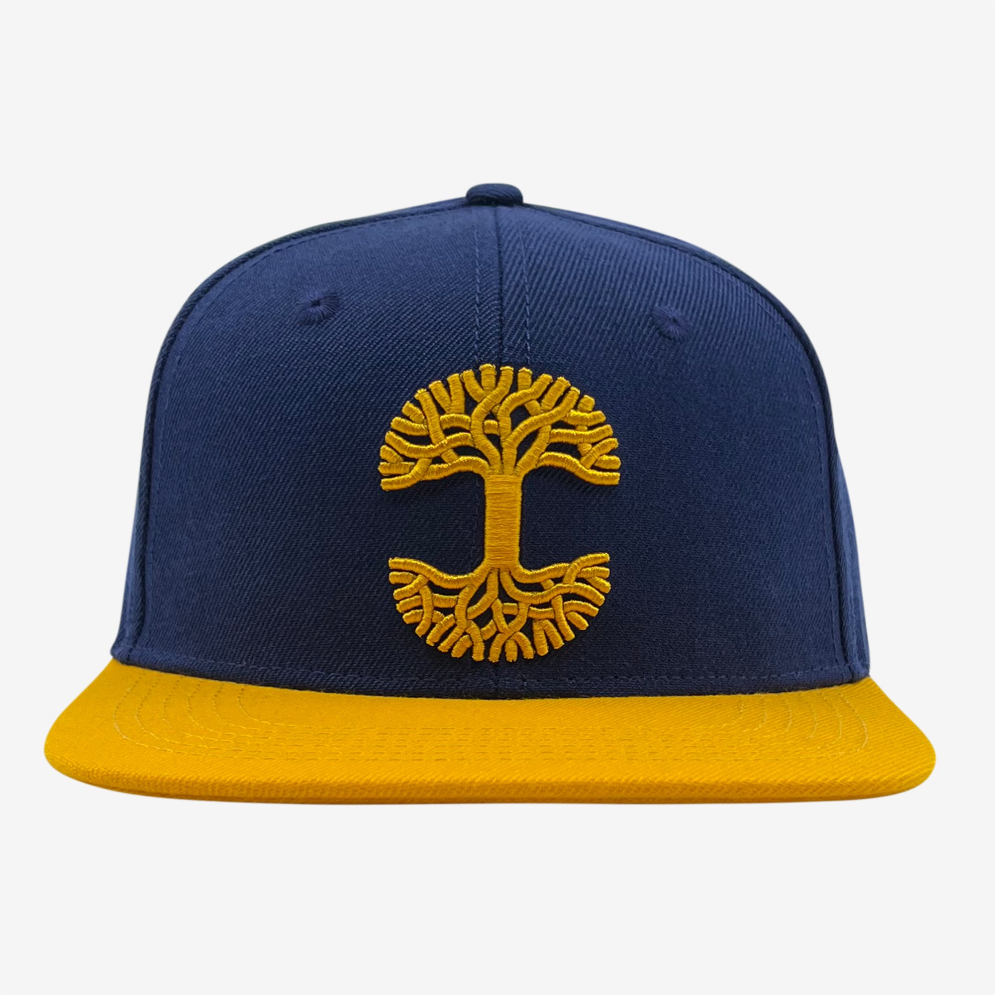 Royal blue snapback hat with yellow embroidered Oaklandish tree logo on crown and contrasting yellow visor.