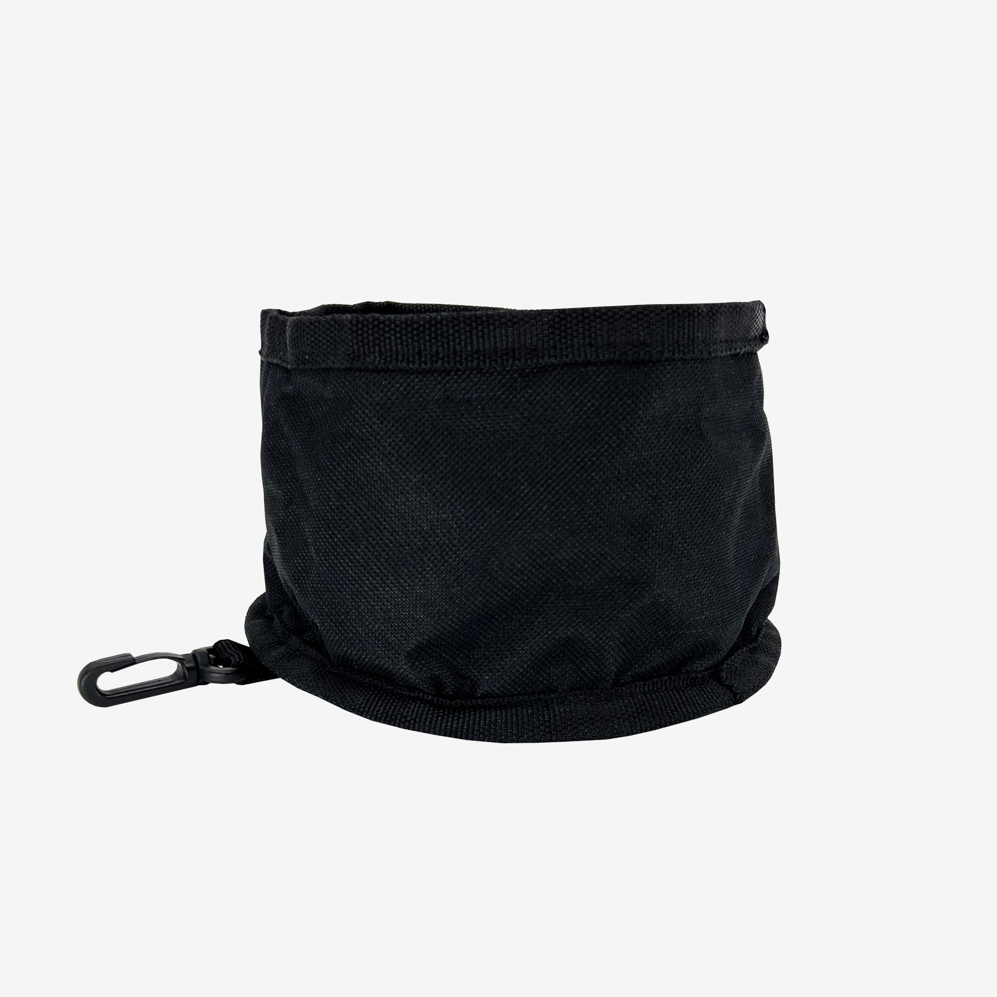The Travel Pet Bowl by Oaklandish is a small, black, cylindrical pouch featuring a drawstring closure at the top and a side clip. Crafted from durable 600D polyester, this empty pouch stands upright, highlighting its simple yet functional design as an ideal portable pet accessory.