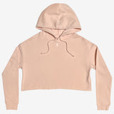 Women’s short cropped blush pink hoodie with a white micro-sized Oaklandish tree logo on the center chest.