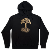 Black pullover hoodie  with metallic gold dragon power design in the shape of the Oaklandish tree logo.