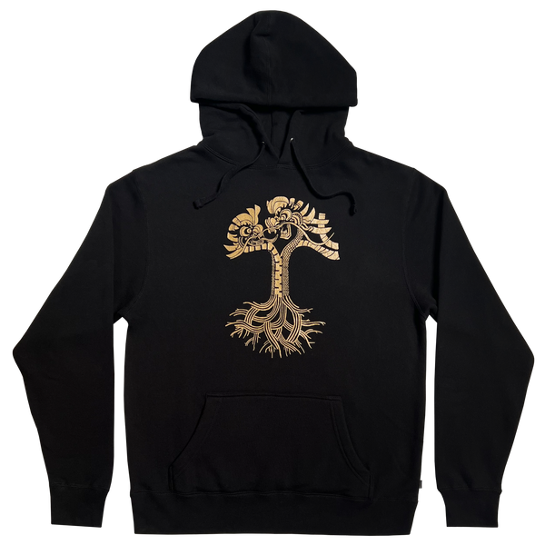 Black pullover hoodie  with metallic gold dragon power design in the shape of the Oaklandish tree logo.