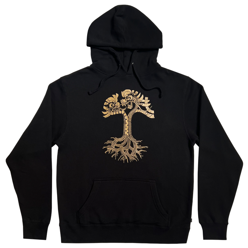 Black pullover hoodie  with metallic gold dragon power design in the shape of the Oaklandish tree logo.