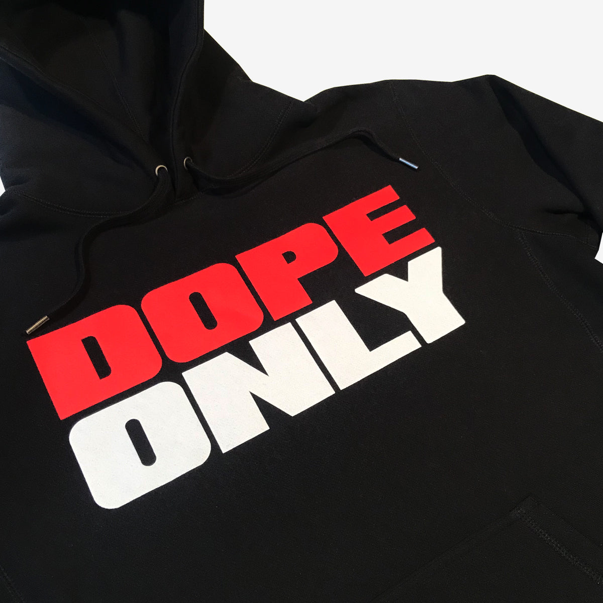 Close-up of red and white DOPEONLY wordmark logo on the chest of a black hoodie.