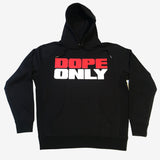 Black hoodie with large red and white DOPEONLY wordmark logo on the chest.