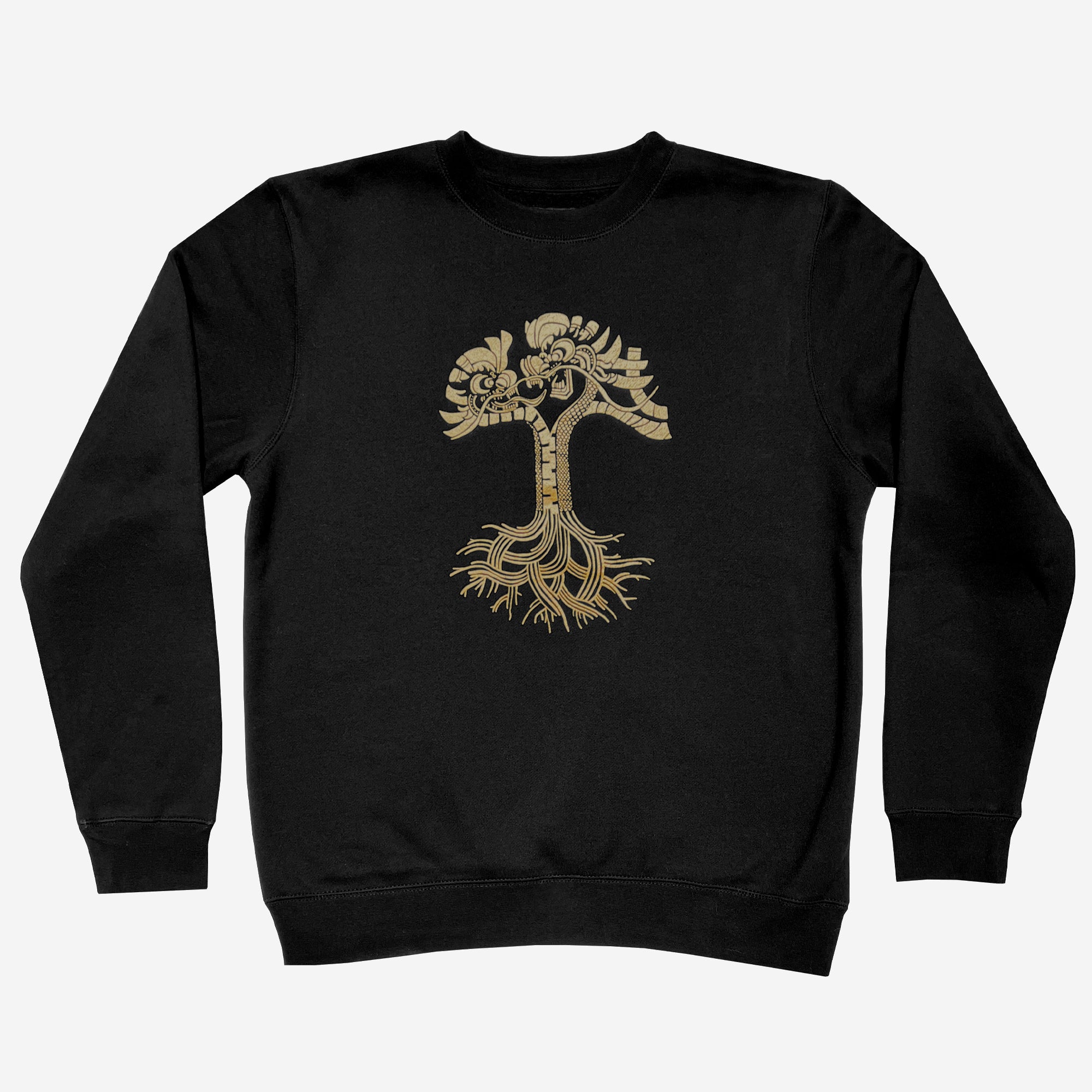 Black crewneck sweatshirt with metallic gold dragon power design in the shape of the Oaklandish tree logo.