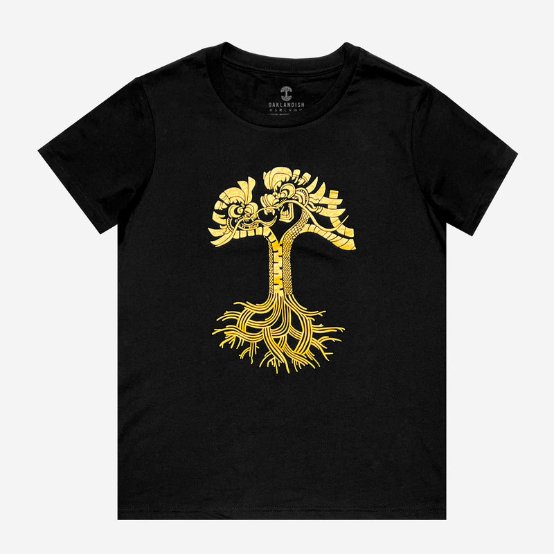 Black women’s t-shirt with gold dragon power graphic design in the shape of an Oaklandish tree logo.