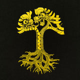 Close-up of gold dragon power graphic design in the shape of an Oaklandish tree logo on a black women’s t-shirt.