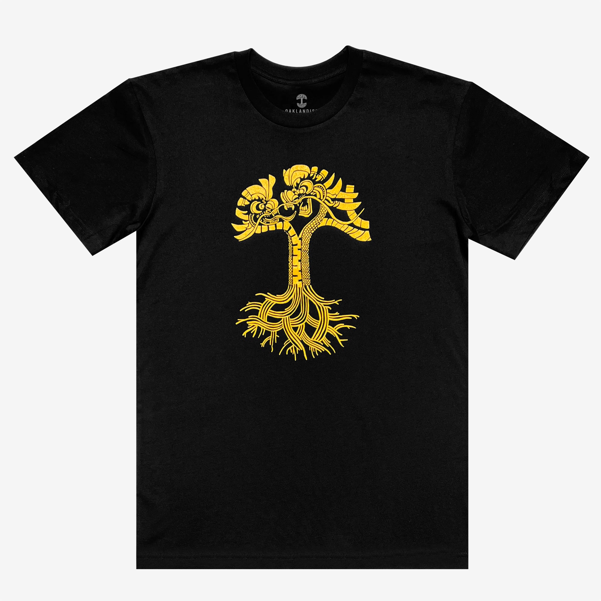 Black t-shirt with gold dragon power graphic design in the shape of an Oaklandish tree logo. 