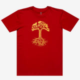 Red t-shirt with gold dragon power graphic design in the shape of an Oaklandish tree logo.