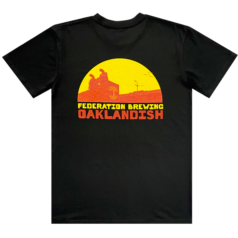 The back of a black t-shirt with Federation of Brewing & Oaklandish logos and collaborative orange and yellow graphic.
