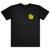 Front view of a black t-shirt with an Oakland 3rd Street Lagar wordmark.