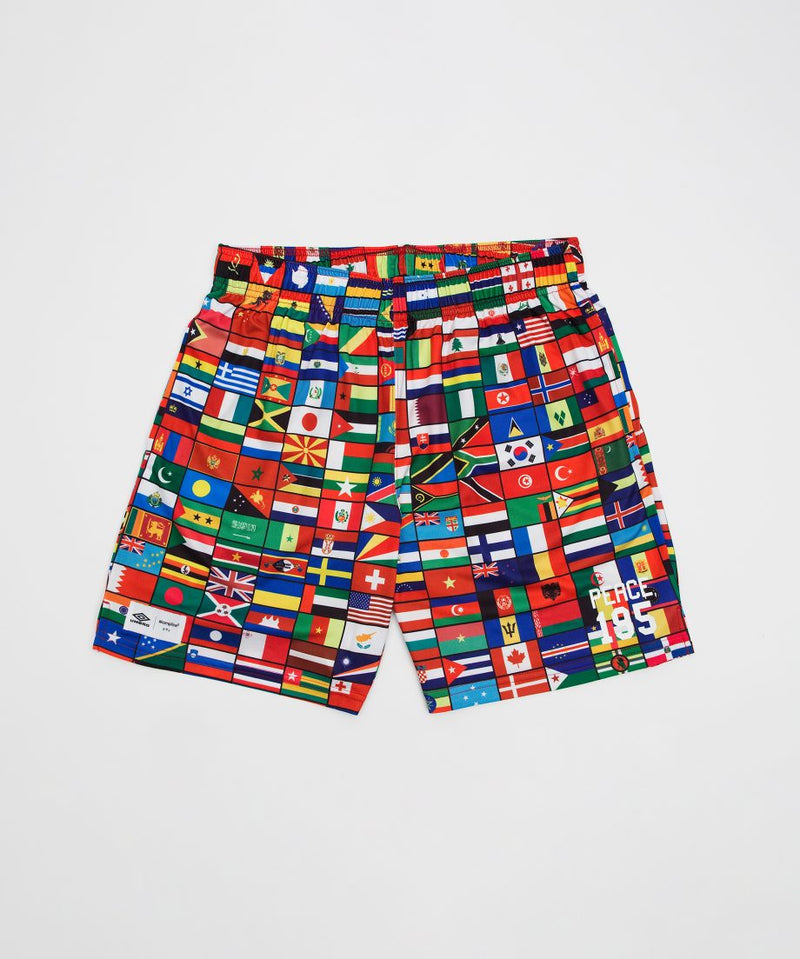 Nylon shorts with all over print of world flags and words that read ' Peace 195' at the bottom of wearers left lg.