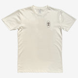 Natural cotton t-shirt with black Oaklandish tree logo in black oval circle on left wear side chest.