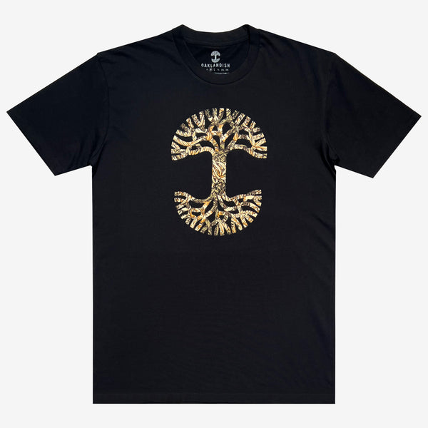 Front image of men's black t-shirt with floral pattern inside classic Oaklandish tree logo.