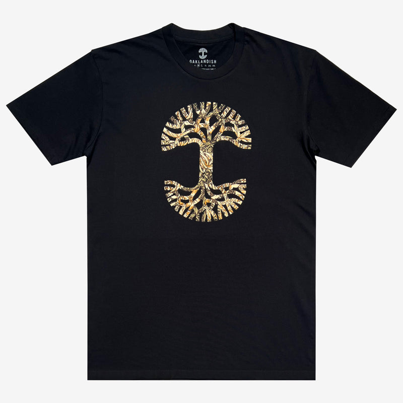 Front image of men's black t-shirt with floral pattern inside classic Oaklandish tree logo.