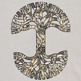 Detailed close-up image of men's bone t-shirt with floral pattern inside classic Oaklandish tree logo.