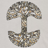Detailed close-up image of men's bone t-shirt with floral pattern inside classic Oaklandish tree logo.