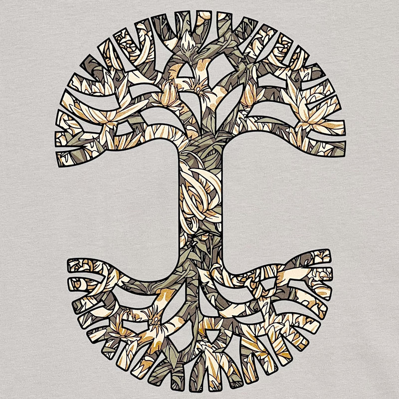 Detailed close-up image of men's bone t-shirt with floral pattern inside classic Oaklandish tree logo.