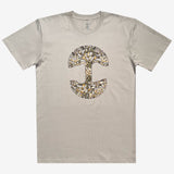 Front image of men's bone t-shirt with floral pattern inside classic Oaklandish tree logo.