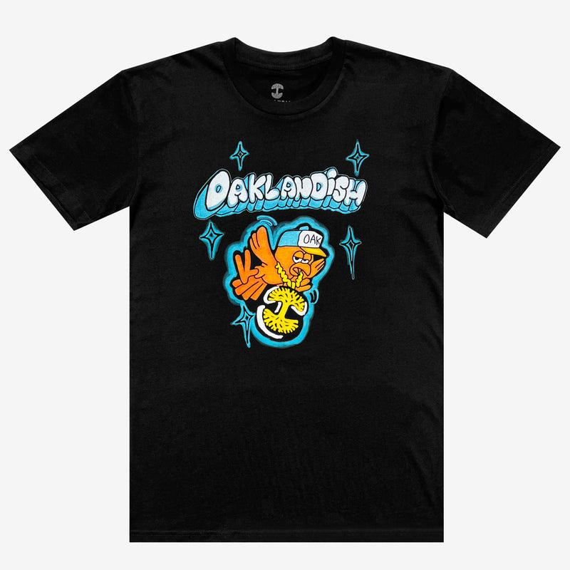 Black t-shirt with a graphic image of a flying cartoon bird wearing an Oaklandish logo necklace with Oaklandish bubble wordmark above.