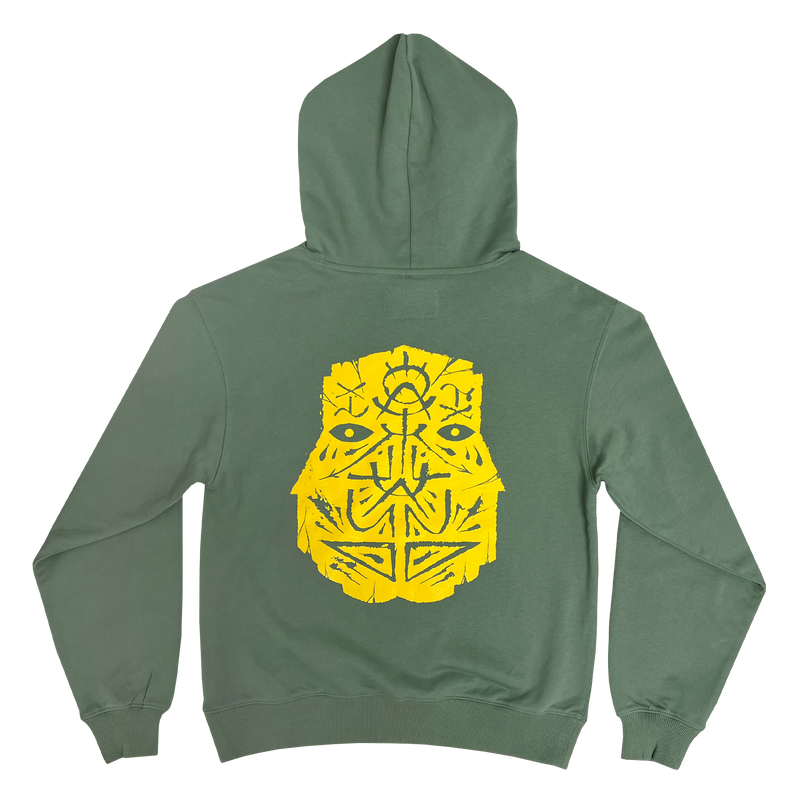 Gold GATS mask silhouette on the back of an army green premium Oaklandish pullover hoodie.