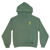 An army green premium Oaklandish pullover hoodie with a gold GATS mask silhouette containing an Oakland sigil on the right chest.