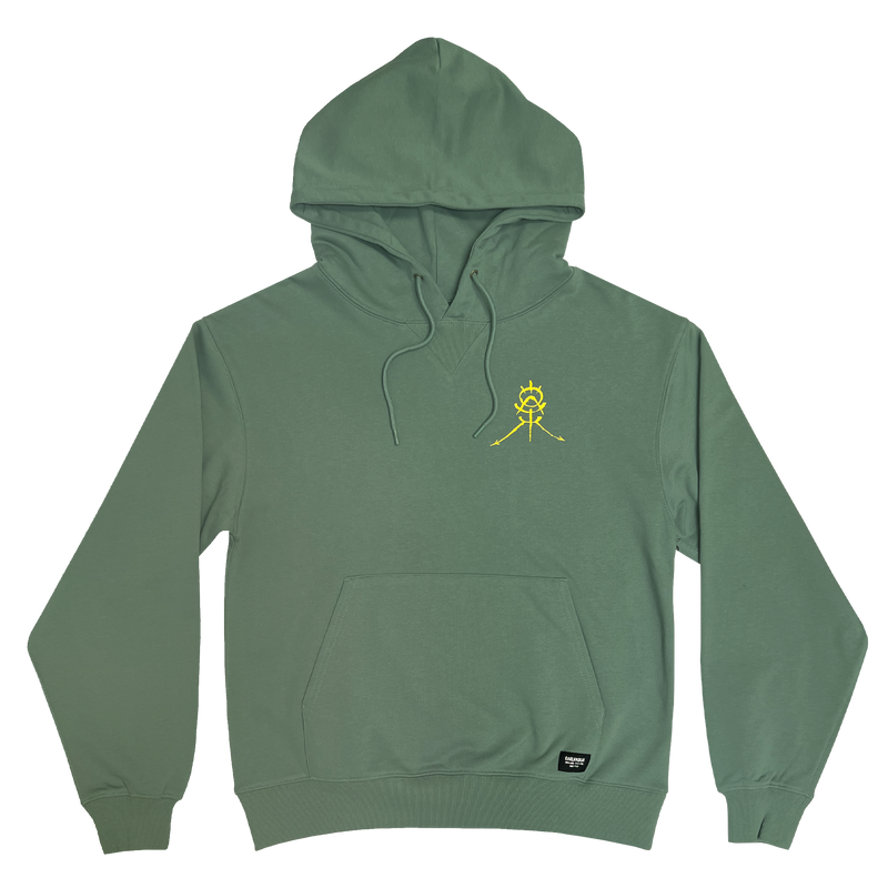 An army green premium Oaklandish pullover hoodie with a gold GATS mask silhouette containing an Oakland sigil on the right chest.