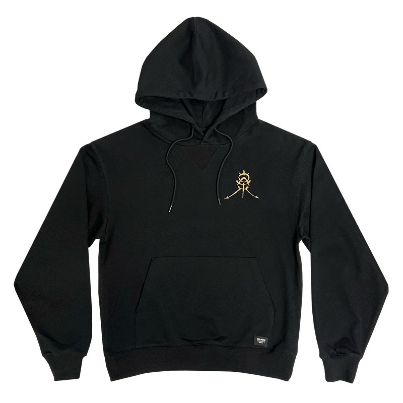 Flat front image of Oaklandish premium black hoodie with gold  GATS mask with Oakland  Sigil right chest.