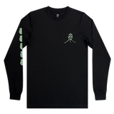 The front of a black long sleeve t-shirt with teal GATS mask silhouette with an Oakland sigil on the left chest and masks on repeat on the left sleeve.