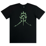Front view of a black t-shirt with a teal GATS mask silhouette with Oakland sigil on the chest.