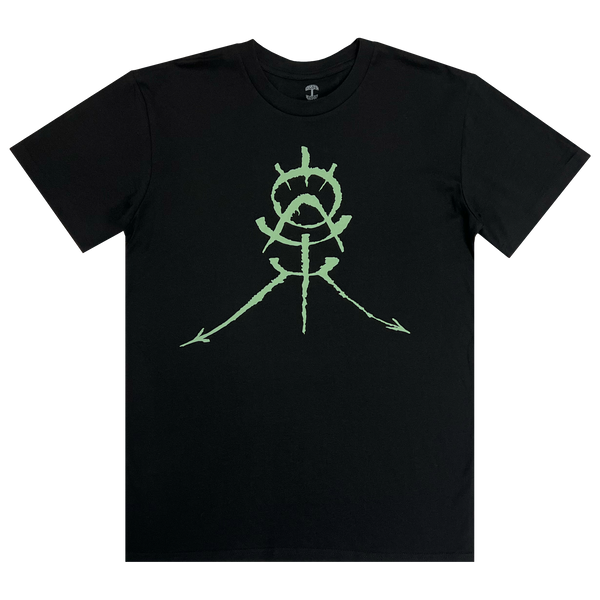 Front view of a black t-shirt with a teal GATS mask silhouette with Oakland sigil on the chest.