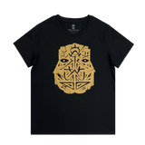 Black women’s cut t-shirt with gold GATS mask silhouette on the chest.