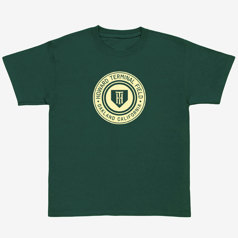 Green t-shirt with yellow Howard Terminal Field, Oakland California logo, and wordmark on the chest.