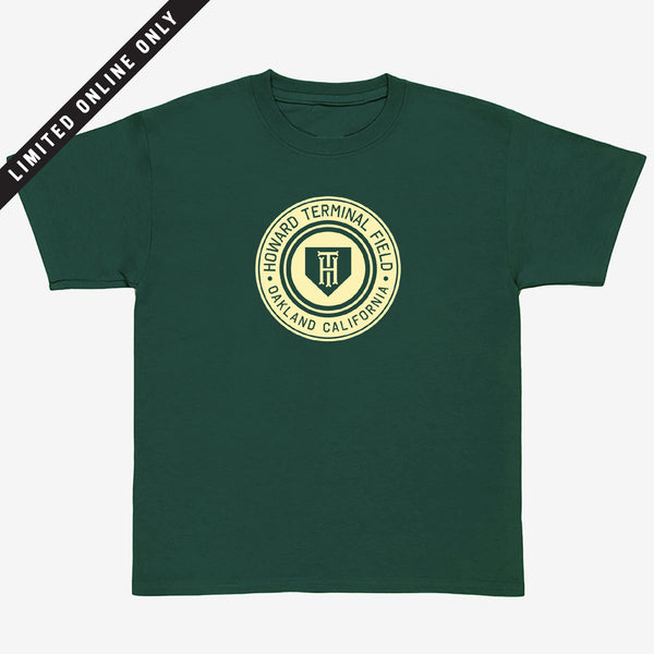 Green t-shirt with yellow Howard Terminal Field, Oakland California logo, and wordmark on the chest.