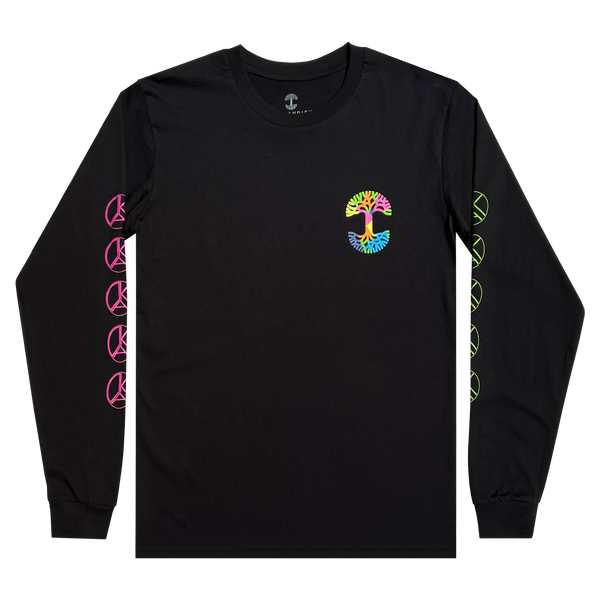 Front view of long sleeve black t-shirt with multi-colored Oaklandish classic tree on left chest and peace oak design on both sleeves in neon pink and green.