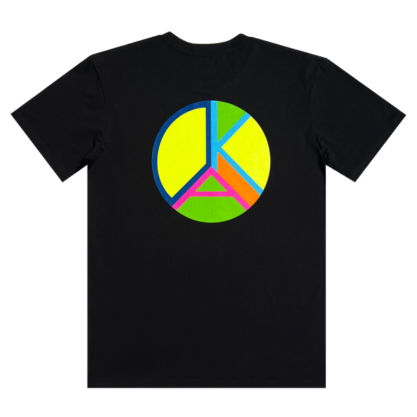 Back view of short sleeve black t-shirt with multi color peace sign with 'OAK' detailed within.