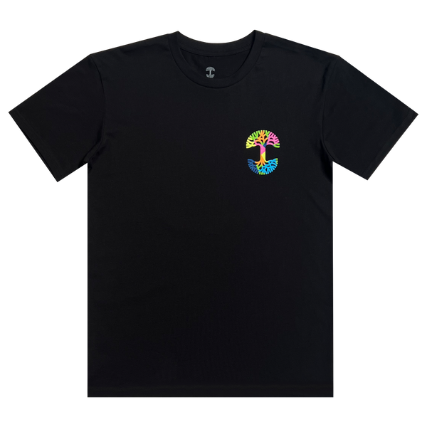 Front view of short sleeve black t-shirt with multi-colored Oaklandish classic tree on left chest .