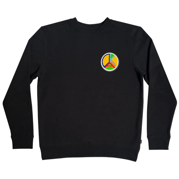 Front view of  black crewneck sweatshirt with stitched on Harmony logo on wearer's left chest.
