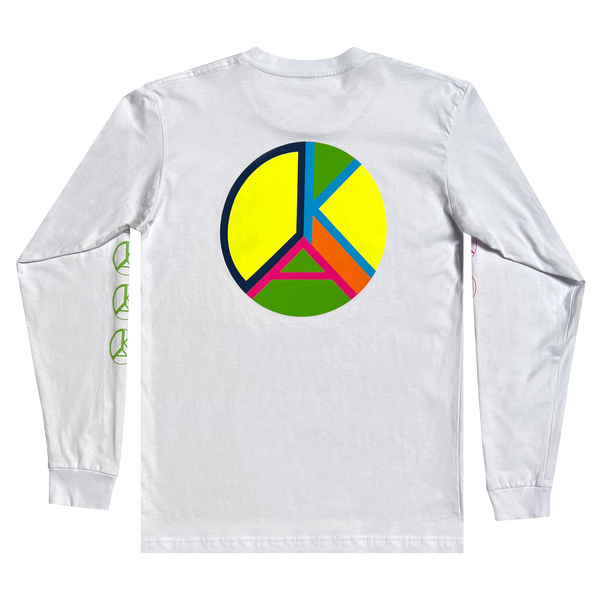 Back view of long sleeve white t-shirt with multi color peace sign with 'OAK' detailed within and on both sleeves in neon pink and green.