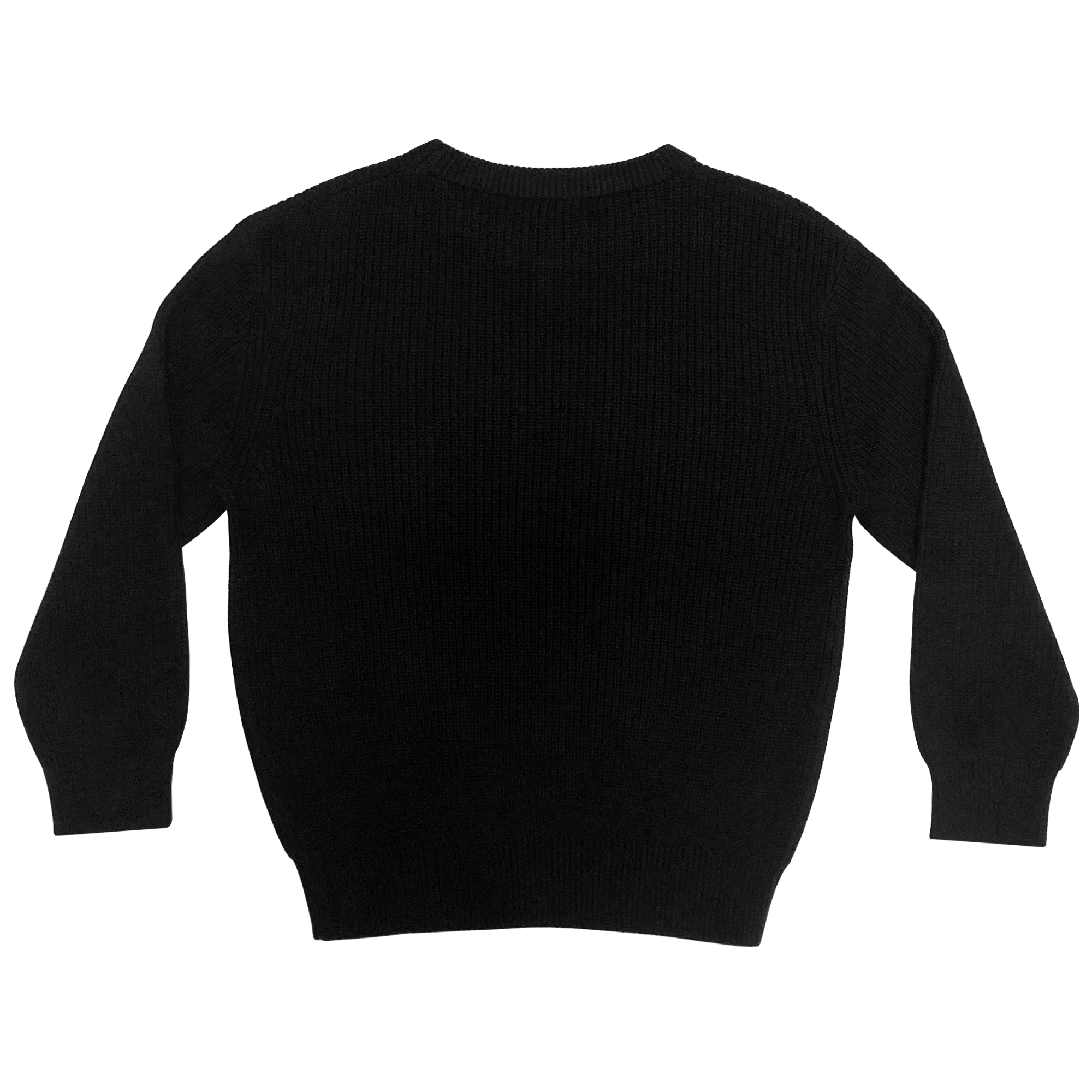 The backside of a heavy cotton knit sweater in black.
