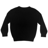 The backside of a heavy cotton knit sweater in black.