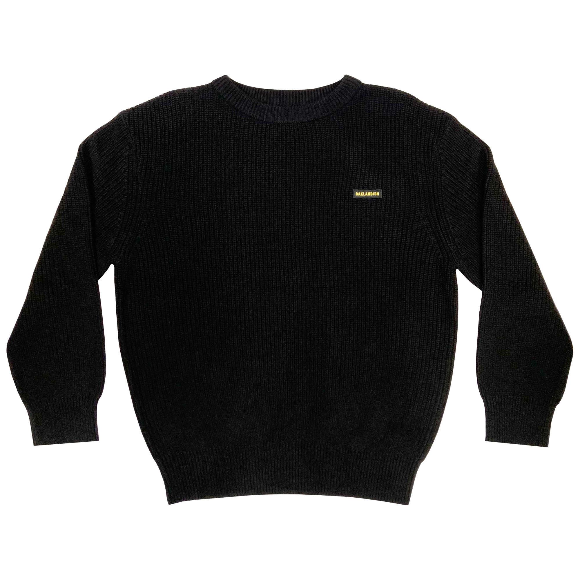 Heavy cotton knit sweater with embroidered Oaklandish wordmark woven label patch on front left chest in black.