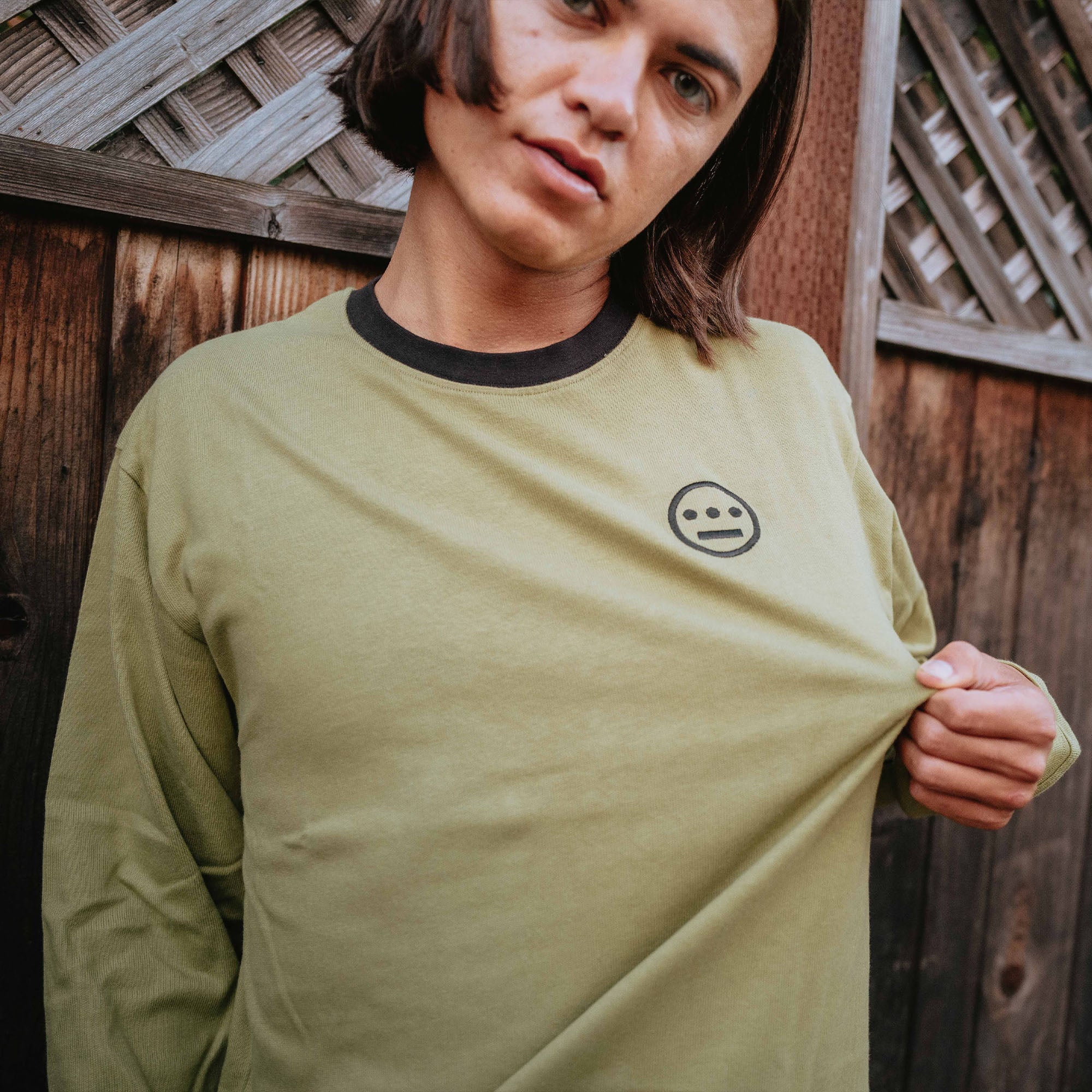 Detailed Hiero jersey crew in army with black embroidered Hiero logo on male model 