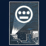 Detailed close-up of graphic with the Hiero logo spotlight signal in Oakland’s night sky above buildings on the front of a navy t-shirt.