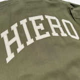 Detailed close up image of Army Hiero cadet jacket with Wordmark Hiero appliqué on back.
