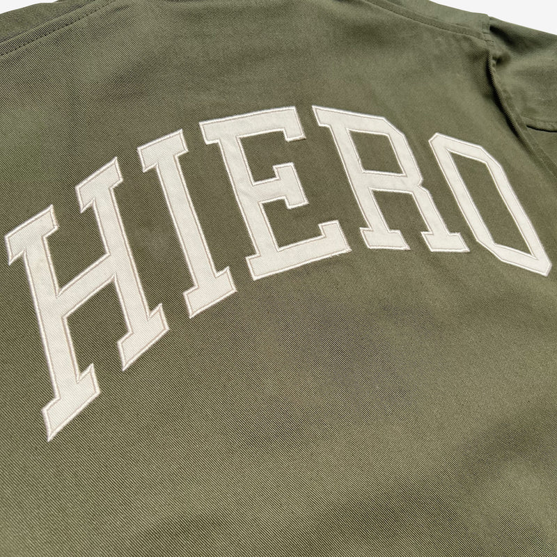 Detailed close up image of Army Hiero cadet jacket with Wordmark Hiero appliqué on back.