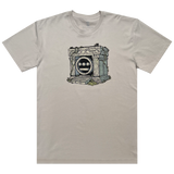 The front side of a bone t-shirt with a graphic illustration of a crypt with the Hiero hip hop logo in the center.
