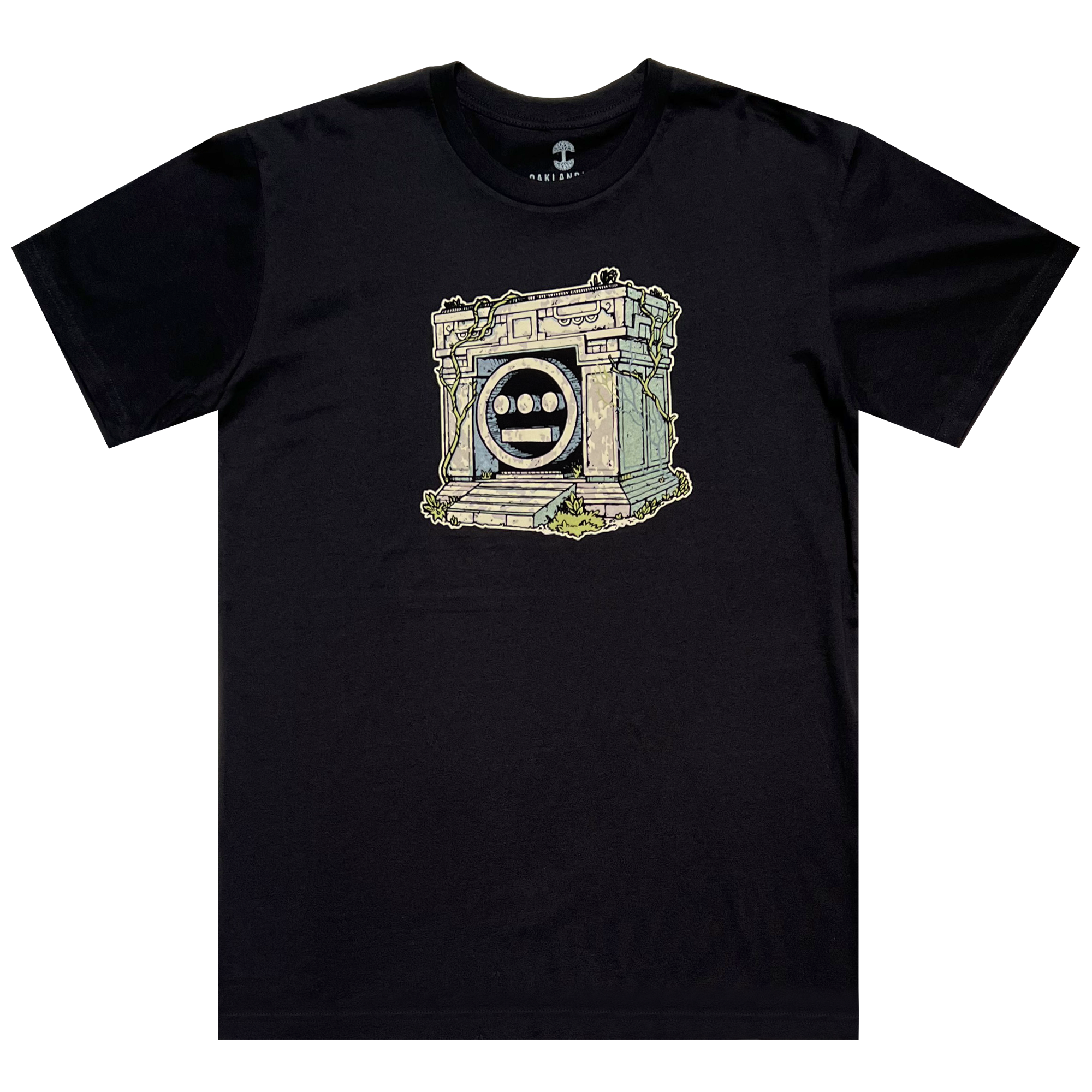 The front side of a black t-shirt with a graphic illustration of a crypt with the Hiero hip hop logo in the center.